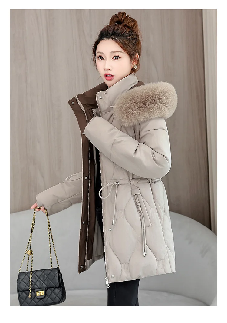 Simple Solid Color Large Fur Collar Hooded Removable Long-sleeved Down Cotton Jacket Women's 2025 Winter Thickened Warm Jacket