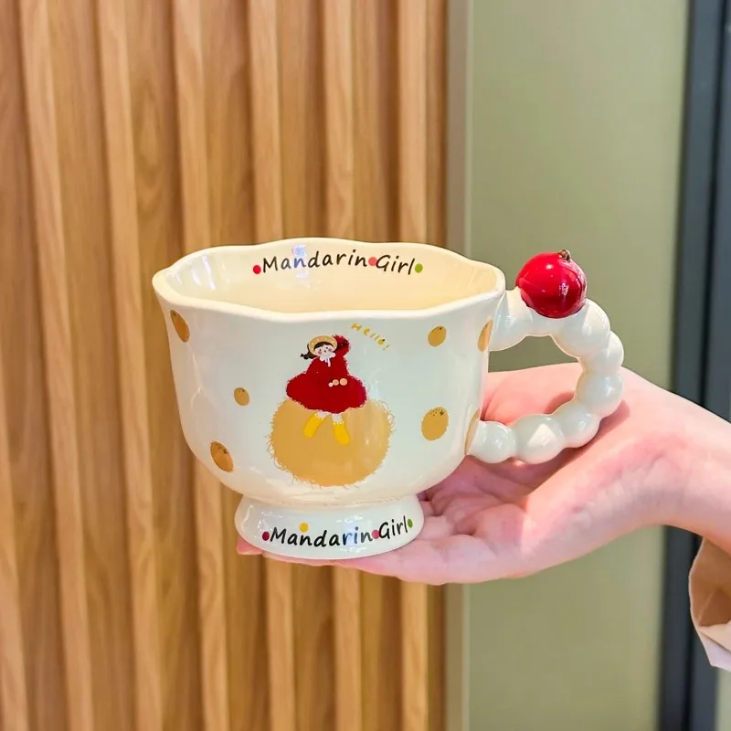 Cartoon Character Ceramic Cup New Household Handle Exquisite Coffee Mugs for Women Underglaze Color Cream Wind Stemmed Cup