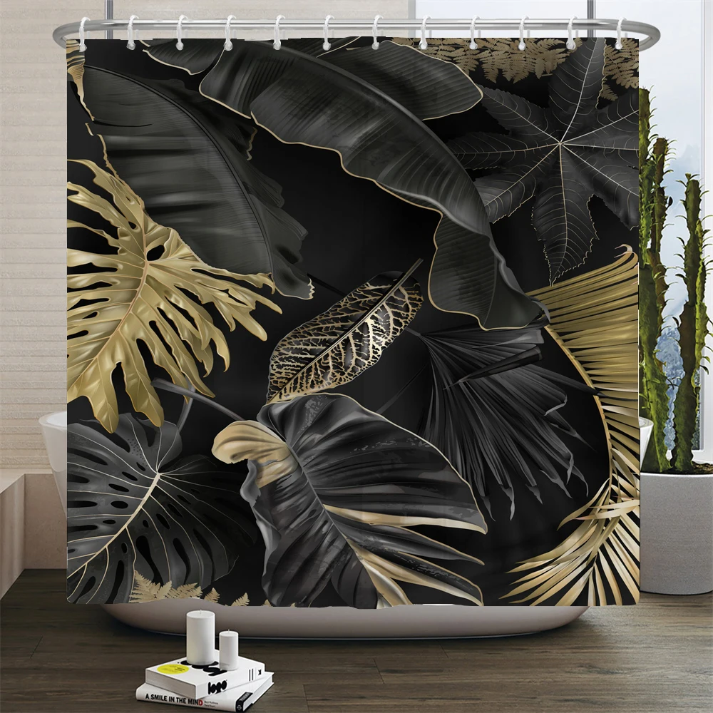 Tropical Plant Leaf Palm Printing Shower Curtains Bathroom Curtain Frabic Waterproof Polyester Bathroom Curtain Decor with Hooks