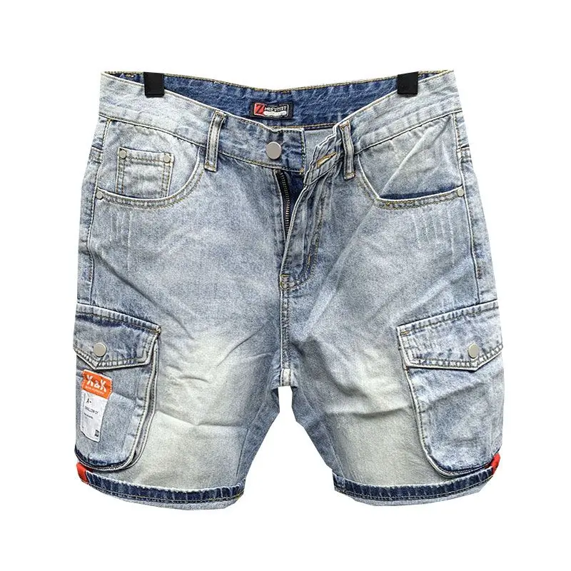 Short Jeans Pants for Men with Text Pockets Graphic Original Man Denim Shorts Distressed Stretch Thin Buttons Streetwear Summer