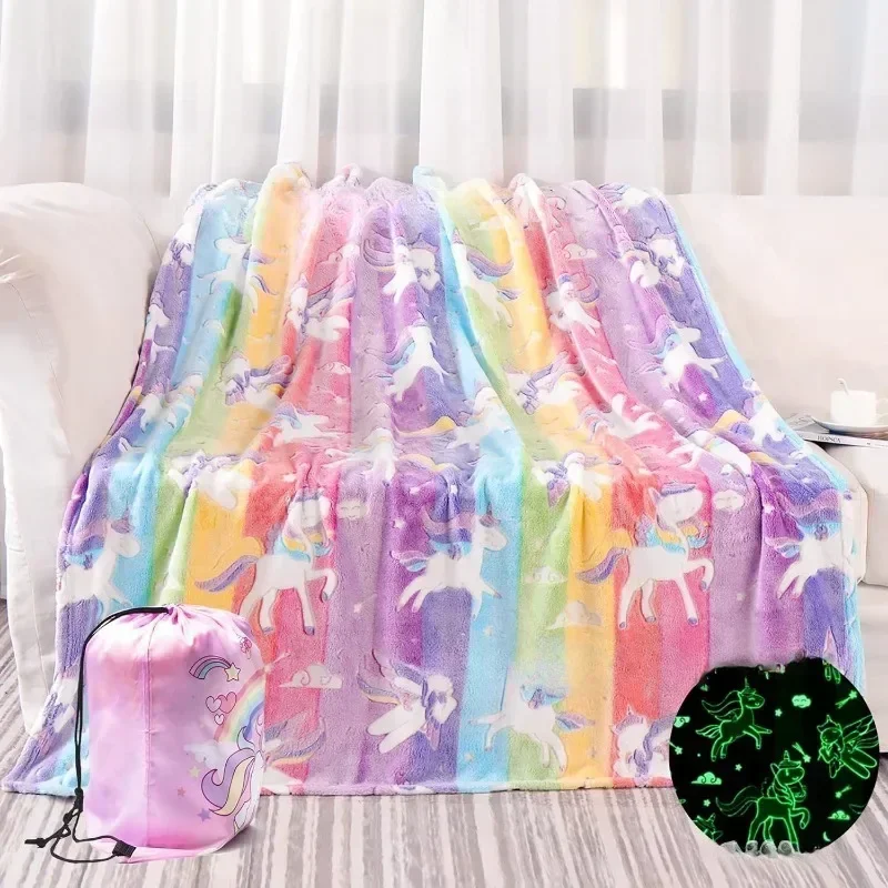 1pc New Glow-in-the-Dark Rainbow Blanket Kids Cozy Soft Flannel Blanket for Sofa Bed 3-10 Year Boys Girls Birthday Gift