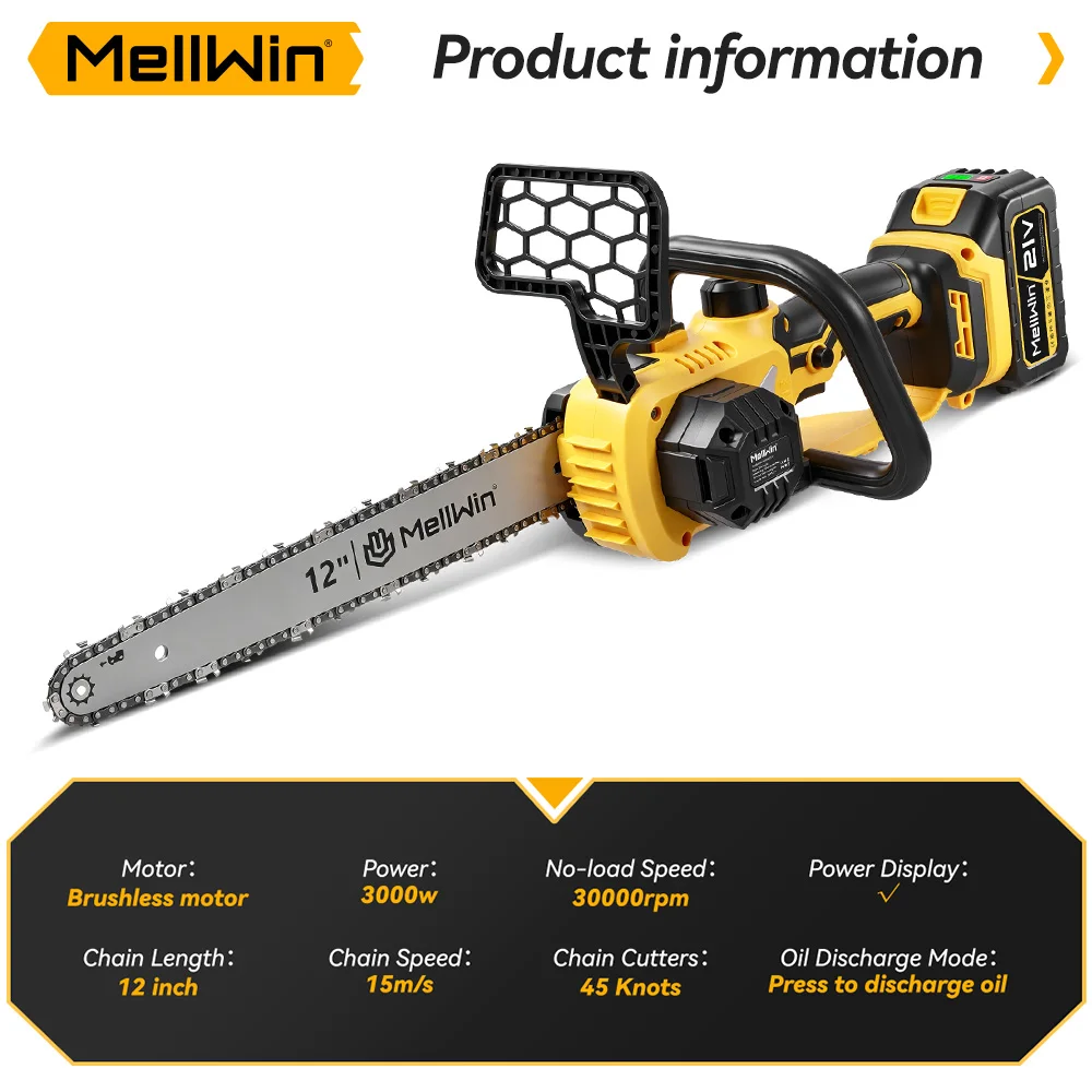 MELLWIN Electric Chain Saw 12 Inch Brushless High Speed Portable Chainsaw Wood Cutting Logging Saw Tool for Makita 18V Battery Pin - Image 3