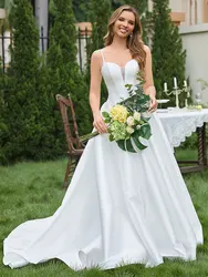 Satin Wedding Dresses 2024 Long Ball Gown For Women V Neck Spaghetti Strap Lace Up Back Bridal Party Gown Elegant