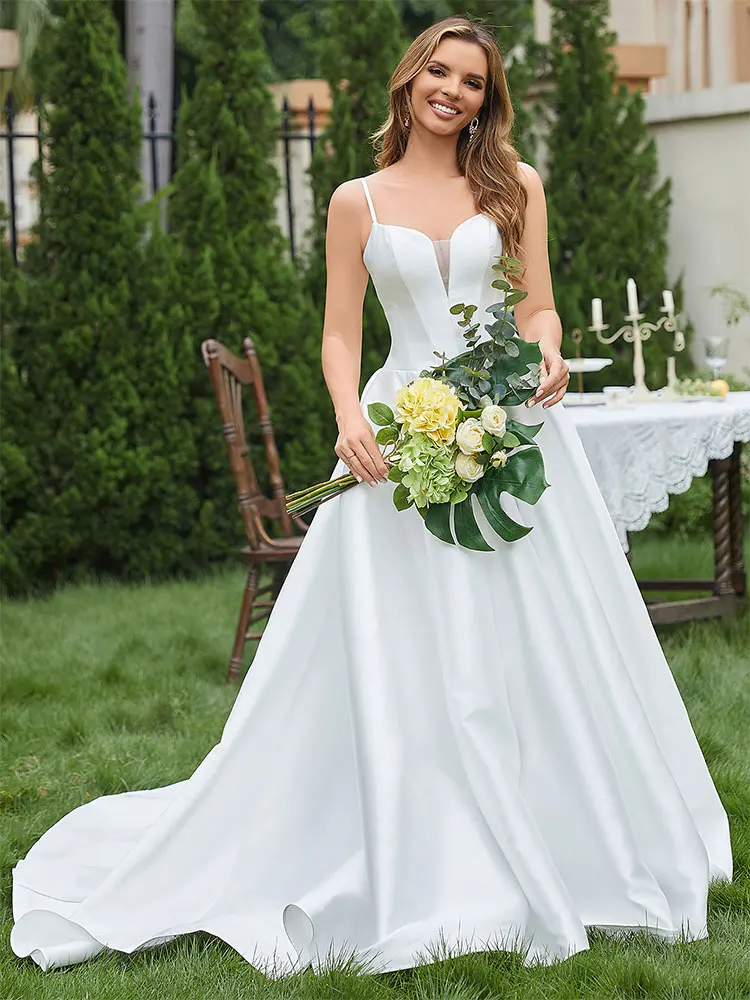Satin Wedding Dresses 2024 Long Ball Gown For Women V Neck Spaghetti Strap Lace Up Back Bridal Party Gown Elegant
