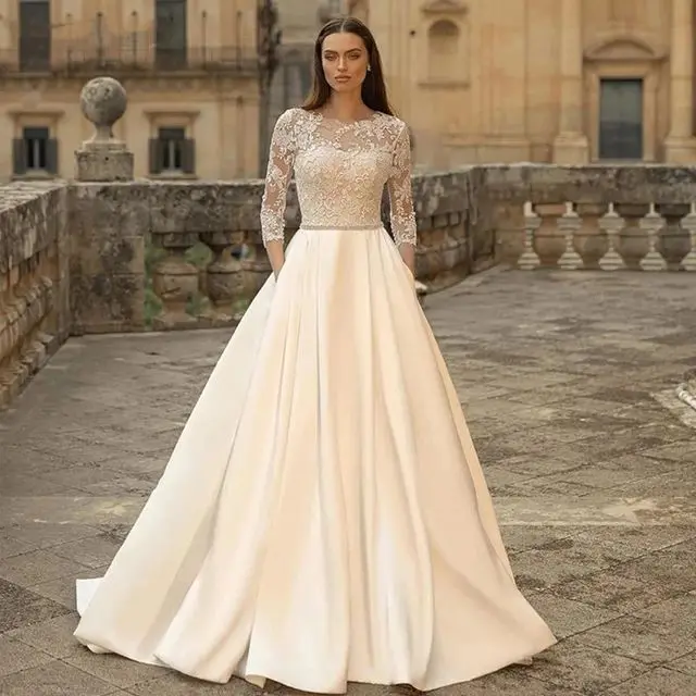 

SoDigne Elegant Boho Weddding Dresses For Women O Neck With Pockets Long Sleeves Appliques Bridal Gown Satin vestidos de novia