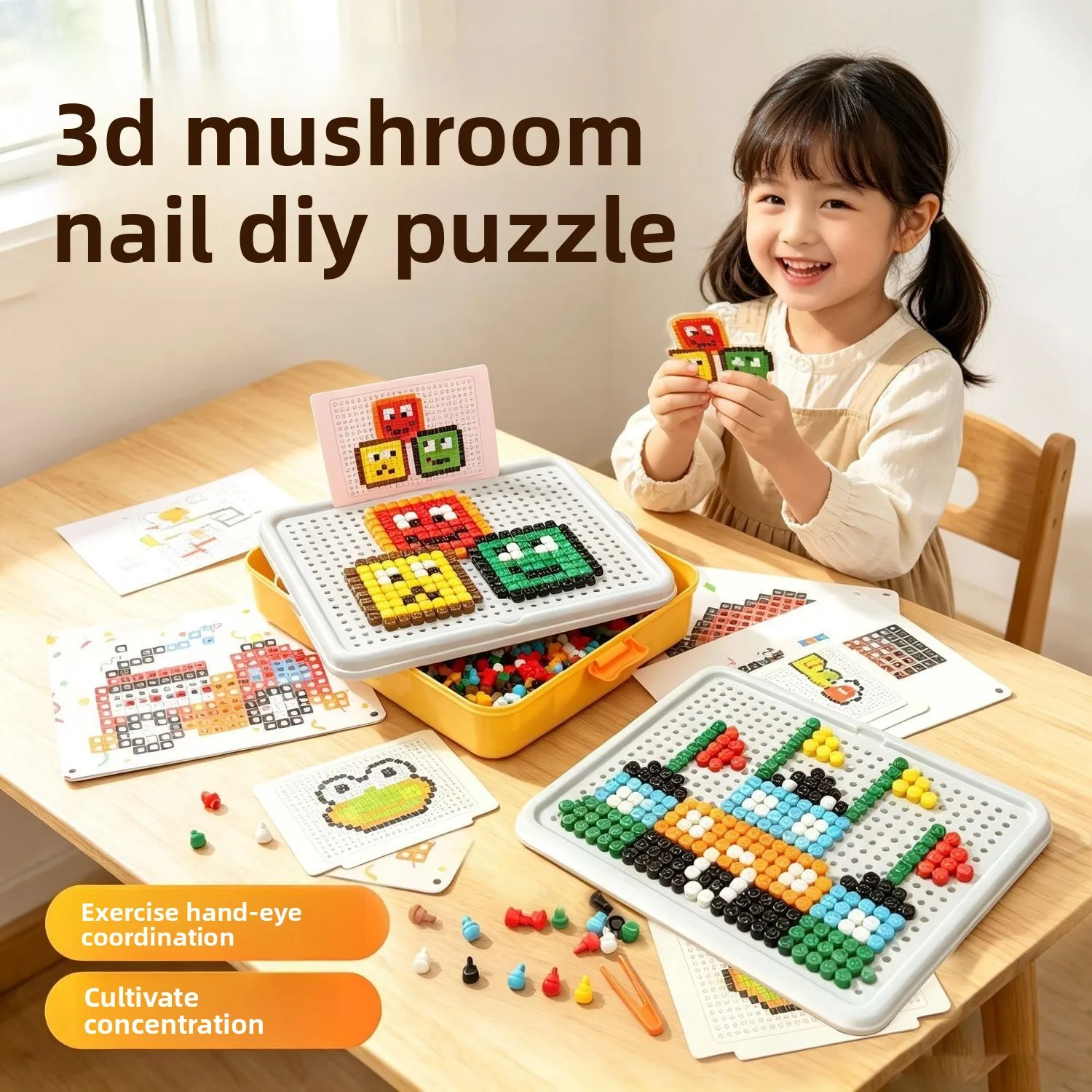 Mushroom Nail Peg Puzzle DIY Building Set, Montessori Fine Motor Educational Toy With Storage Box, Ideal Birthday Gift for Kids