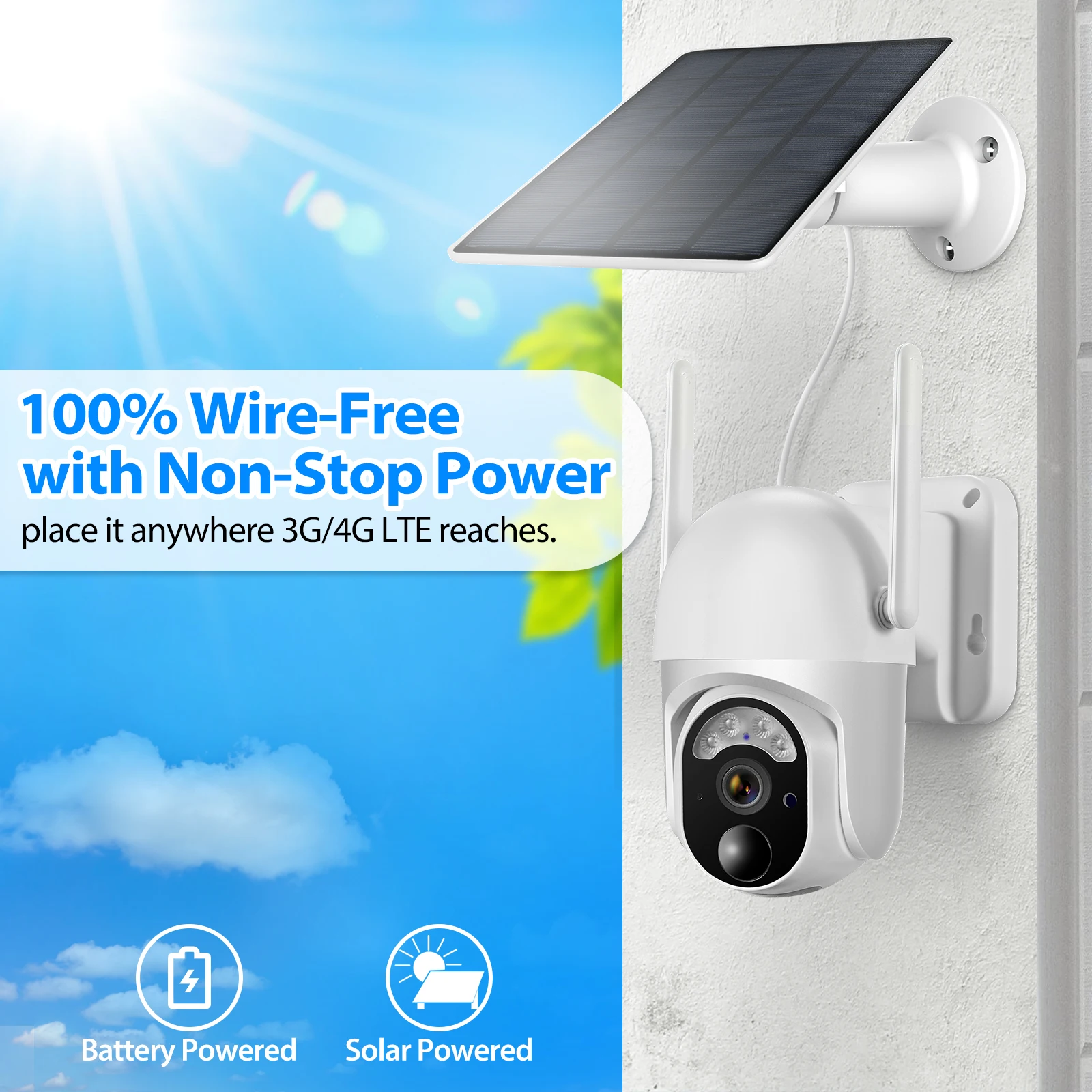 AZISHNEU 4G LTE cellular security camera with SIM card for outdoor color lens two-way communication, solar energy 3MP