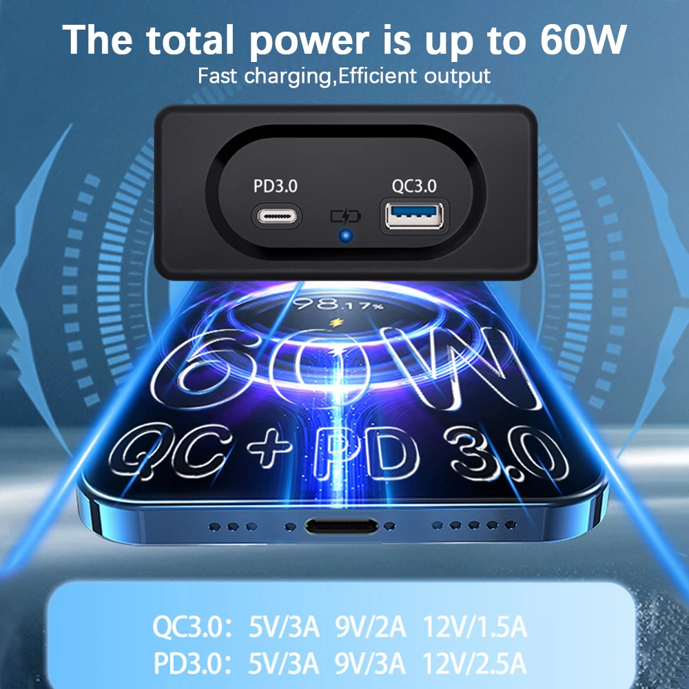 Панель быстрой зарядки 12/24 В, настенное крепление, адаптер порта PD3.0 Type-C, светодиодный светильник, двойная розетка для зарядного устройства USB