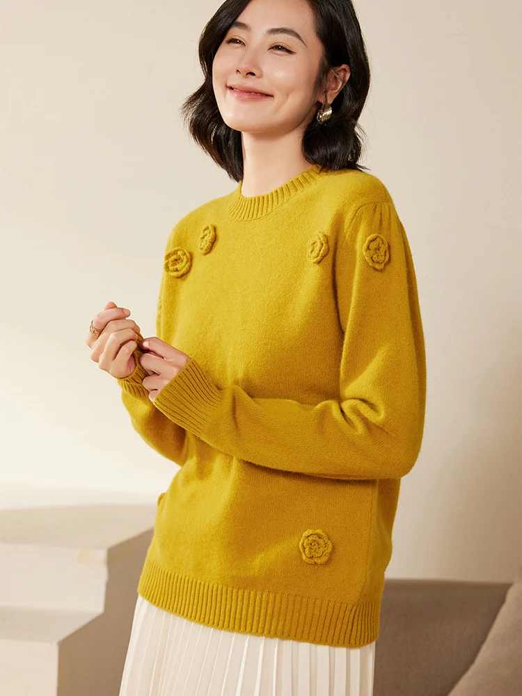 شيك المرأة 100% ميرينو رداء علوي من الصوف س الرقبة اليدوية هوك زهرة البلوز مكتب سيدة لينة الكشمير تريكو الخريف الشتاء القمم