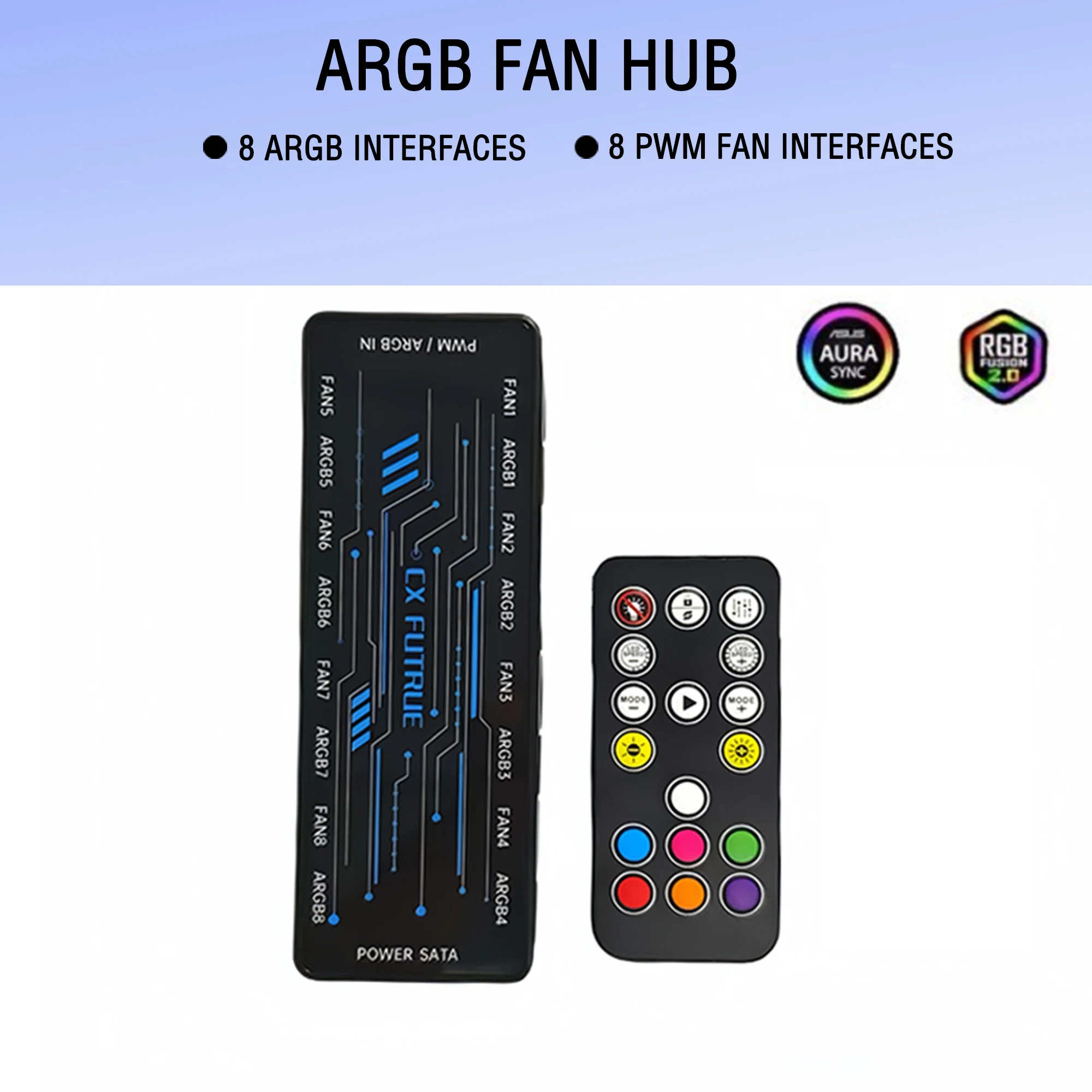 

Двухпортовый 8-портовый PWM&ARGB-контроллер для вентиляторов 2-в-1, магнитное крепление, питание от SATA — стандартная версия / версия с дистанционным управлением — батарейки в комплект не входят.