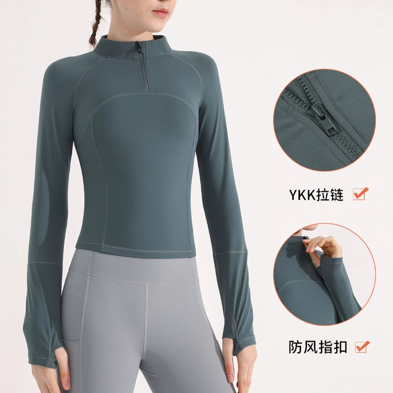 

Women Fashion Slim Put Together Yoga Shirts Fitness Workout Running Sportswear Quick-drying Zipper Design Blouse Long Sleeve