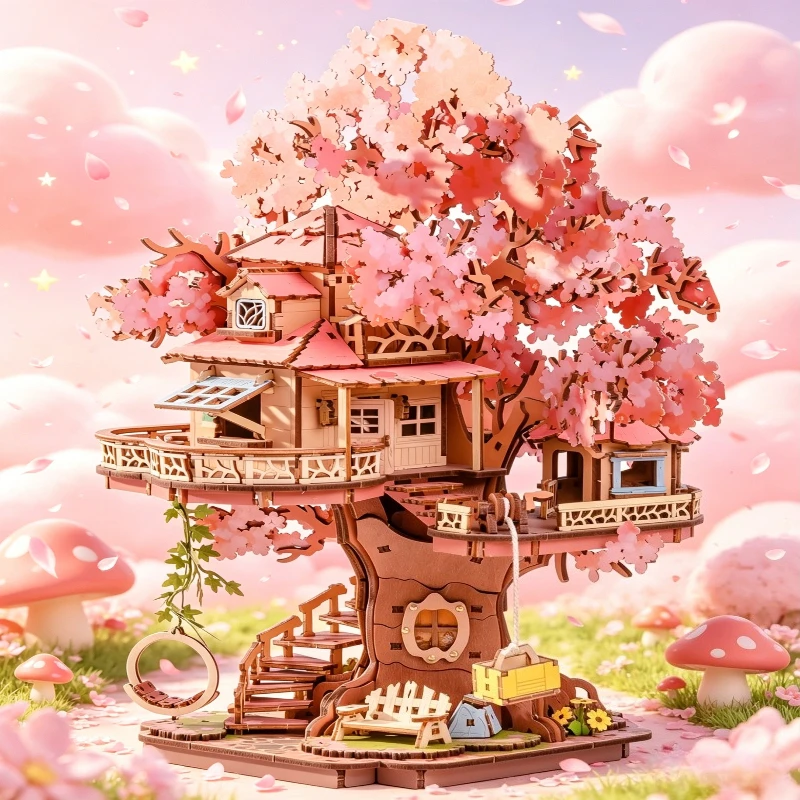 

3D Wooden Sakura Tree House Model with Spiral Staircase, Creative Desktop Ornament, Home Decor, Christmas & Birthday Gift