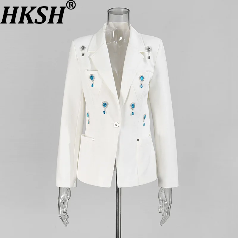 

HKSH Blazer For Women Autumn New Notched Studded Colorful Diamonds Single Button Pocket Elegant Fashion Office Lady Coat HK10875