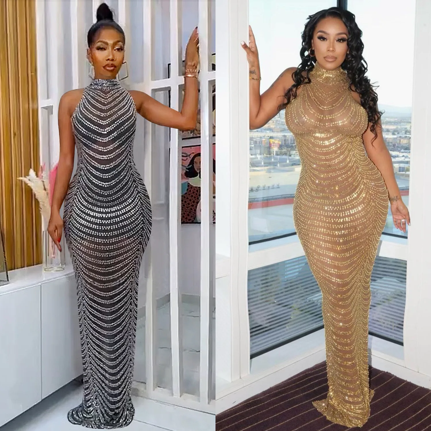 Sexy Sparkly Gold Maxi Dress Mesh See Through Evening Party Singer Stage Perform Costume Luxury Birthday Gown LL9N - view 2