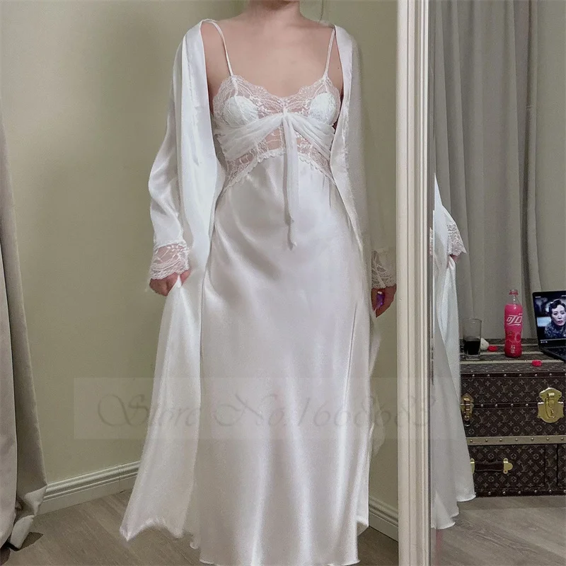 Patchwork Lace Bathrobe Gown Nightgown Sexy Long Wedding Nighty&Robe Set Satin Intimate Lingerie Summer Home Dress Loungewear