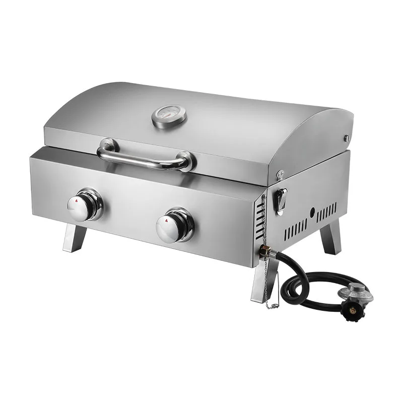 Outdoor Portable bbq gas grill two burners propane Tabletop barbecue grill with folding legs