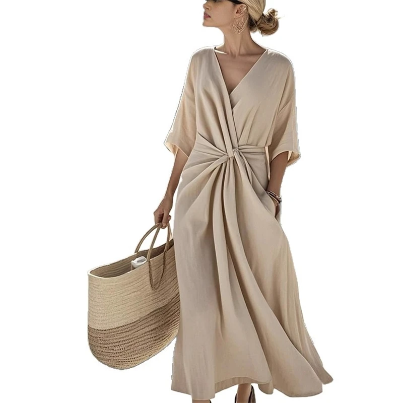 Beach Maxi Dress Solid Pleated V Neck Waist Tie Boho Half Sleeve Long Sundress For Women Vacation Party Summer Travel Outfit