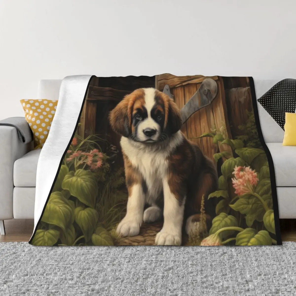 

cute Saint Bernard puppy dog in garden with flowers Throw Blanket Softest Beautifuls blankets and throws Bed Blankets