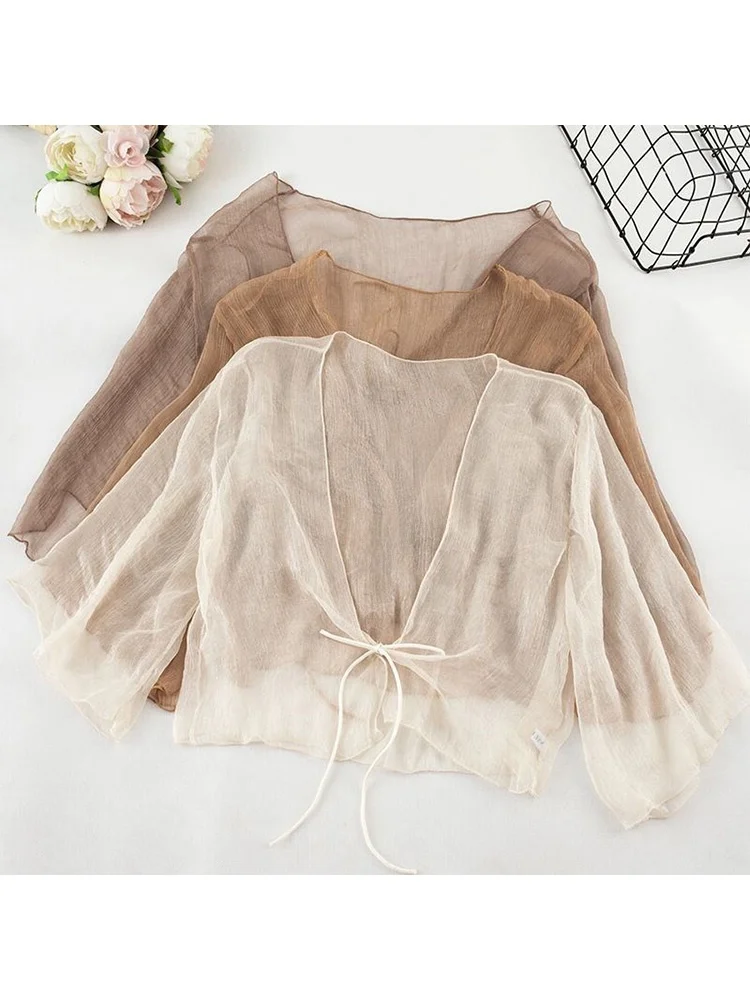 

Summer Short Sleeve Open Cardigan Women's Ice Silk Sun Protection Shawl V-Neck Loose Fit Korean Style Fashion Outerwear