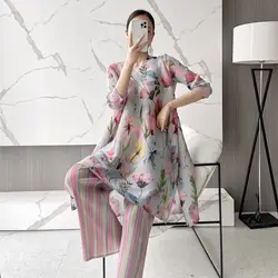 Miyake-traje plisado de dos piezas para mujer, ropa informal holgada, cómoda, ajustada y elástica, estilo francés, novedad de verano, 2022