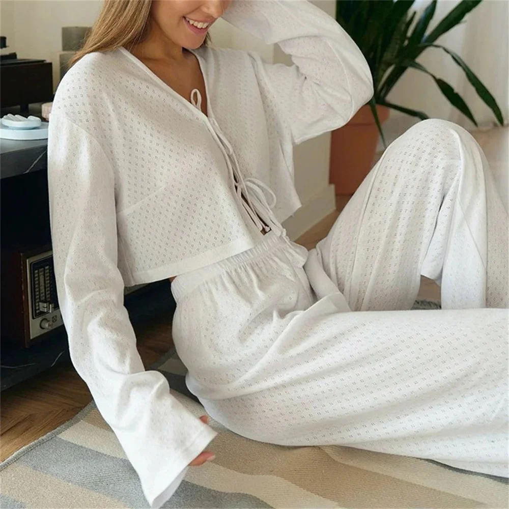 Women Long Sleeve Pajamas Fashion V-Neck Lace Up Sleepwear 2 Piece Set Female Solid Nightgowns Shirt Pants Suit