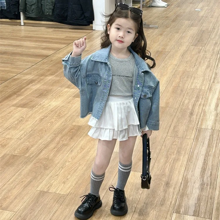 Girls Coat 2024 Autumn New Childrens Clothes Korean Style Foreign Style Raw Edge Denim Coat Casual Simple and All-match