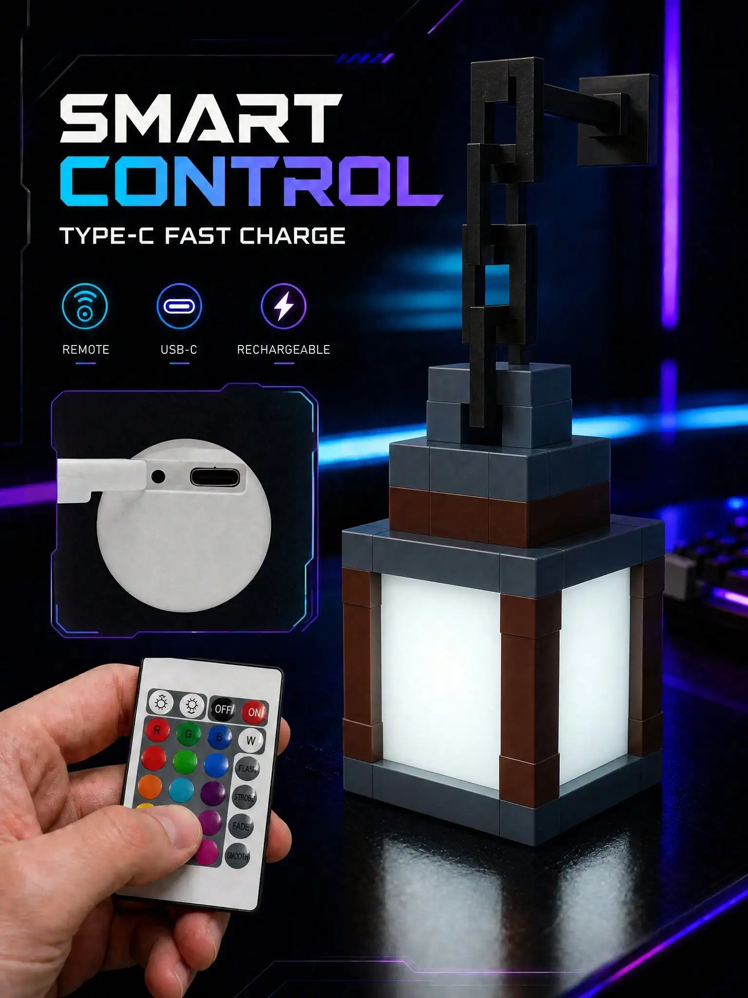 Pixel Style Night Light Portable Lantern Tabletop Ornament 16 Colors Lantern DIY Interior Decoration Festival Atmosphere Light
