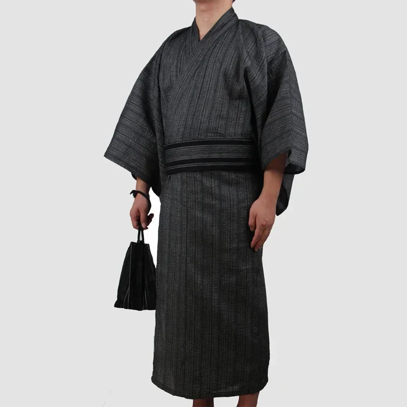 3pc/set Kimono suit Male Traditional Japanese Kimono with Obi Mens 100% Cotton Bath Robe Yukata Man Kimono Nightgown A52603