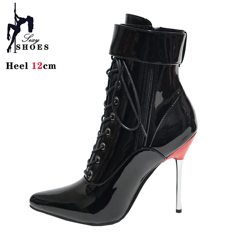 2024 New High Heel 12cm Stilleto Sexy Ankle Boots Pointed Toe Two Lockable Padlocks Women Shoes T Show Thin High Heels Plus Size