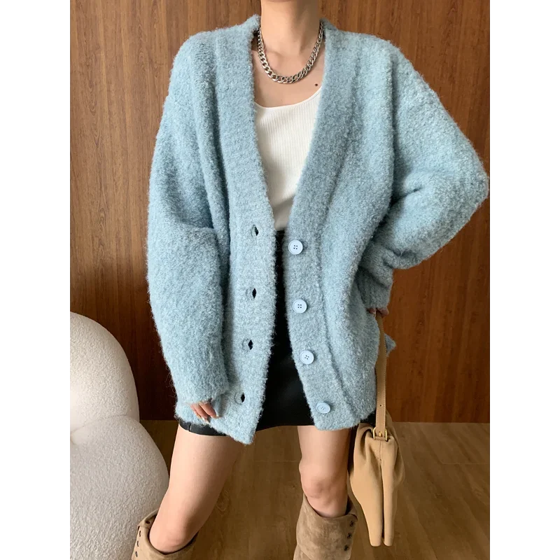 

Soft Comfortable Loose Knitted Cardigan Jacket Women Autumn Winter Long-sleeved Blue Versatile Casual Chic Warm Sweater Cardigan