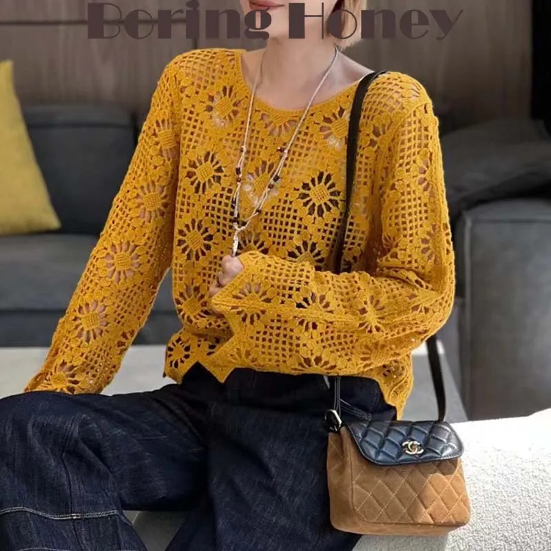 Boring Honey Spring Summer New Women's Fashion Elegant Versatile Top Slimming Hollow Knit Sweater Versatile Sweet Blouse Female
