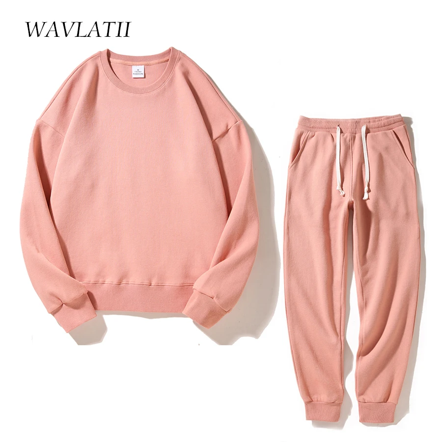 WAVLATII Women New White Streetwear Sweatshirts Sets Female Grey Casual Oversized Sporty Hoody Tops Pants Suits for Young WH2390