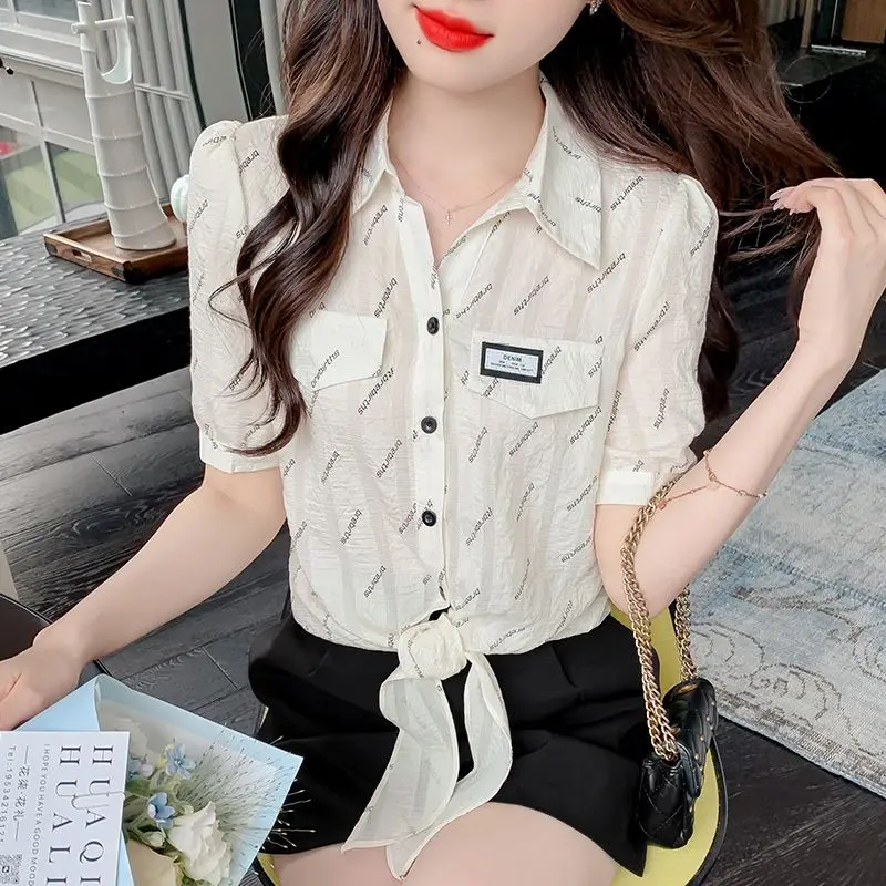 Trend Letter Printing Blouse Thin Short Sleeve Polo Neck Lacing Loose Casual Shirt Tops Fashion Sweet Women Clothing Summer New