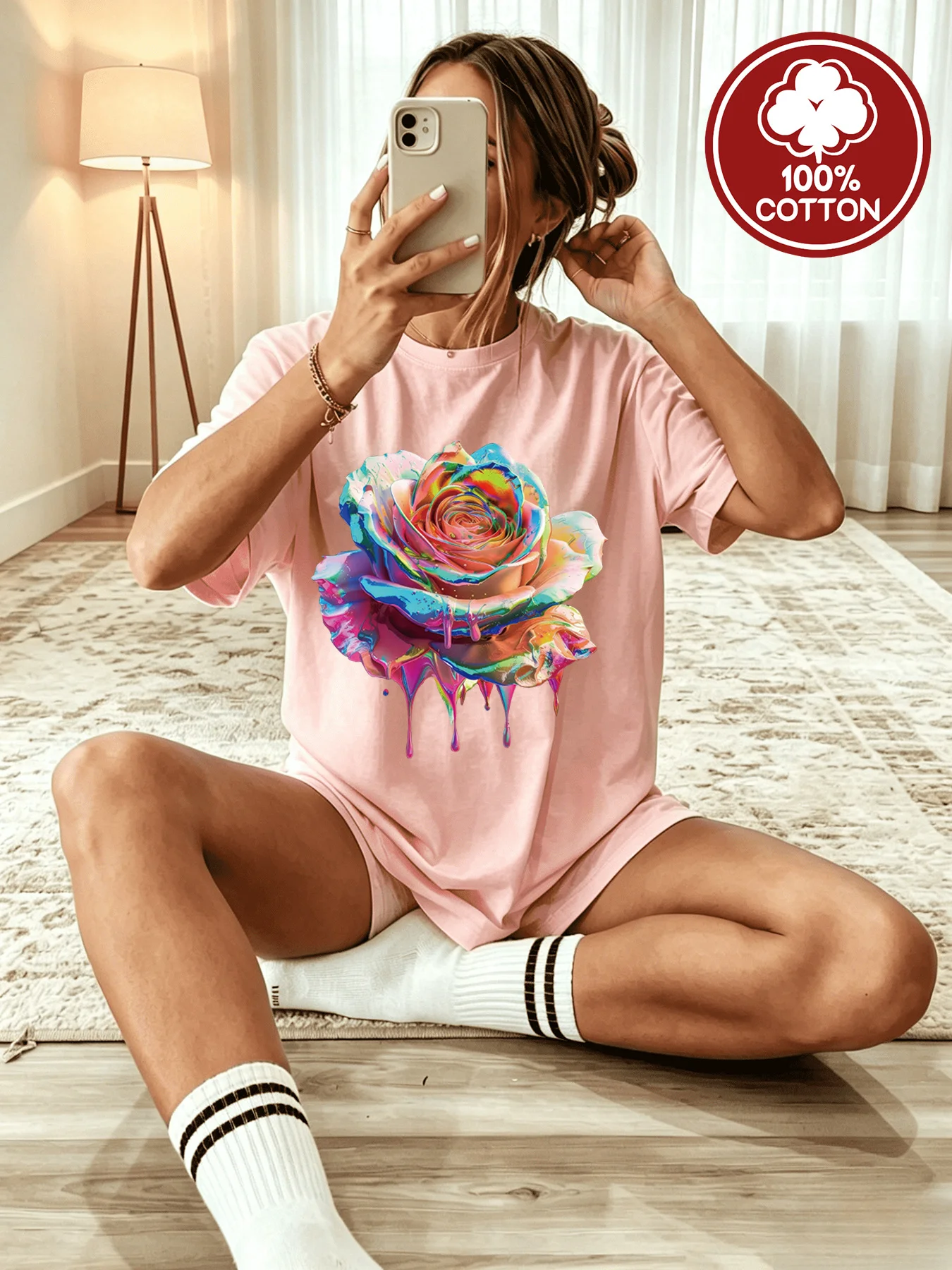 Holographic Rainbow Fluid Dripping Rose Art Printed Women's T-shirt Romantic Atmosphere Daily Commuting Spring/Summer Dressing
