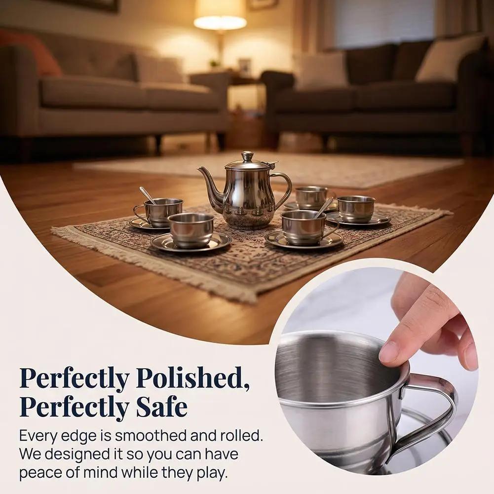 Kids Stainless Steel Tea Set Pretend Play Kitchen Toy Heat Resistant Safe Teapot Cups for Boys Girls Preschool Learning view 4