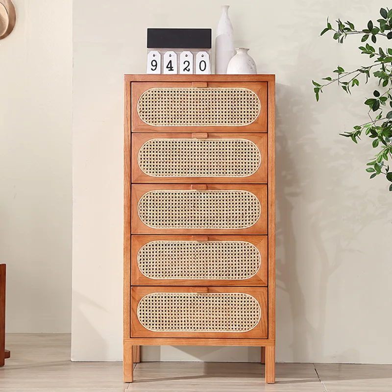 Nordic solid wood rattan woven bucket cabinet, log storage cabinet, multifunctional storage cabinet, retro standing cabinet