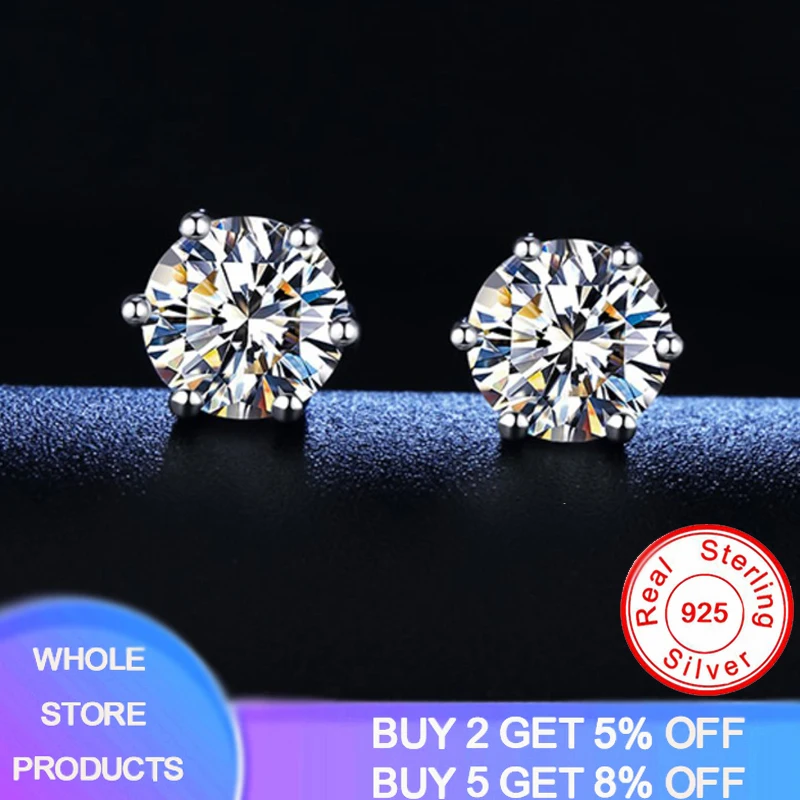 D Color Moissanite Stud Earrings for Women Men 1/2/4/6 cttw 100% 925 Sterling Silver Sparkling Moissanite Piercing Jewelry