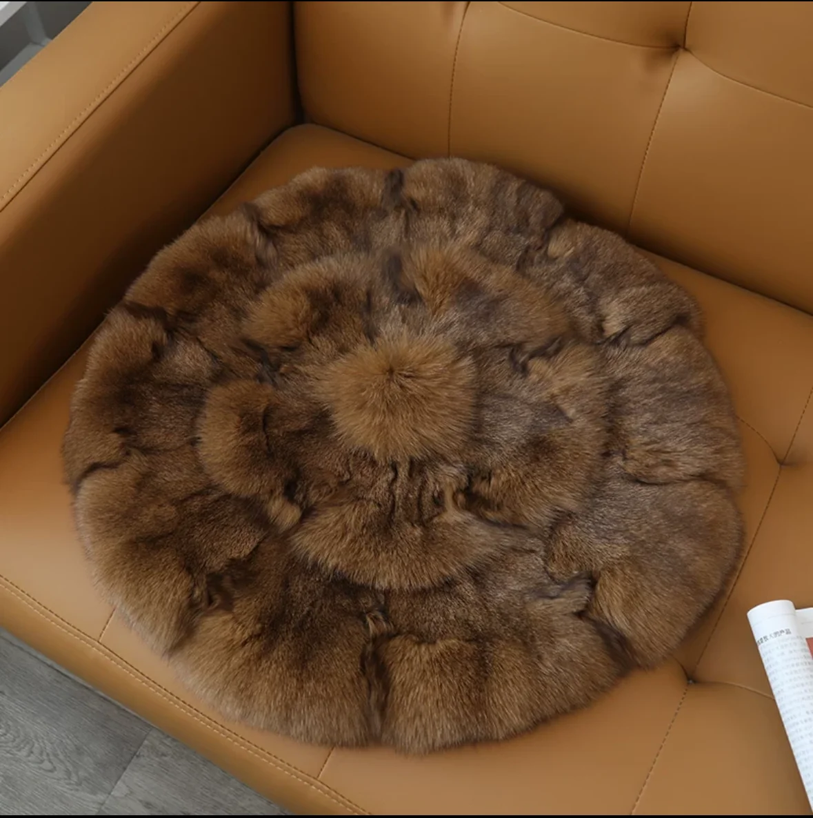 Real Fox Fur Round Car Seat Cushion, Warm, Sofa, Floor, Winter, CX-D-35D