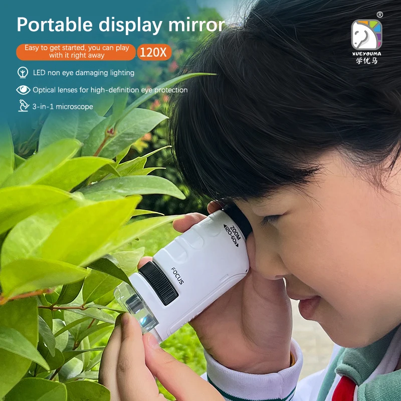 Pocket Microscope Kids Science Toy Kit 60-120x Educational Mini Handheld Microscope With LED Light Outdoor Children Stem Toy