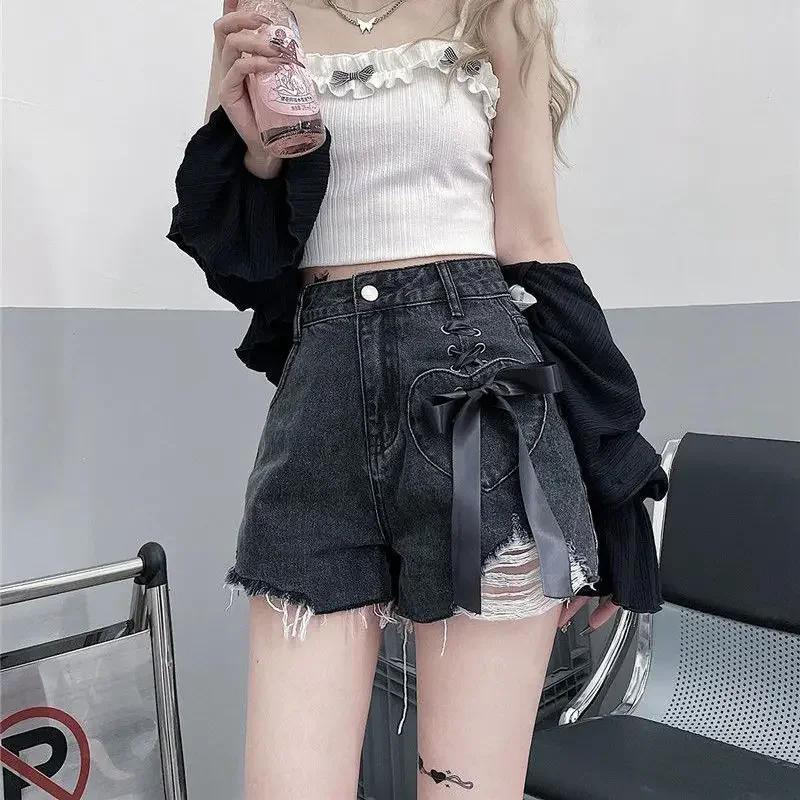 

Classic Bow High Waist Short Jean Pants Woman New In Casual Jorts Hot Stretchy To Wear Harajuku Fashion Denim Shorts for Women