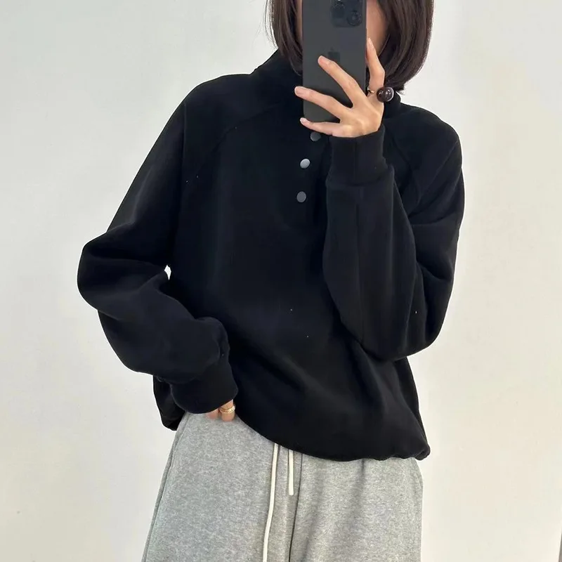 Kein Hut Hoodies Frauen Herbst College Grundlegende Feste Beiläufige Alle-spiel Stehkragen Taste Trendy High Street Koreanischen Stil mujer Gemütliche