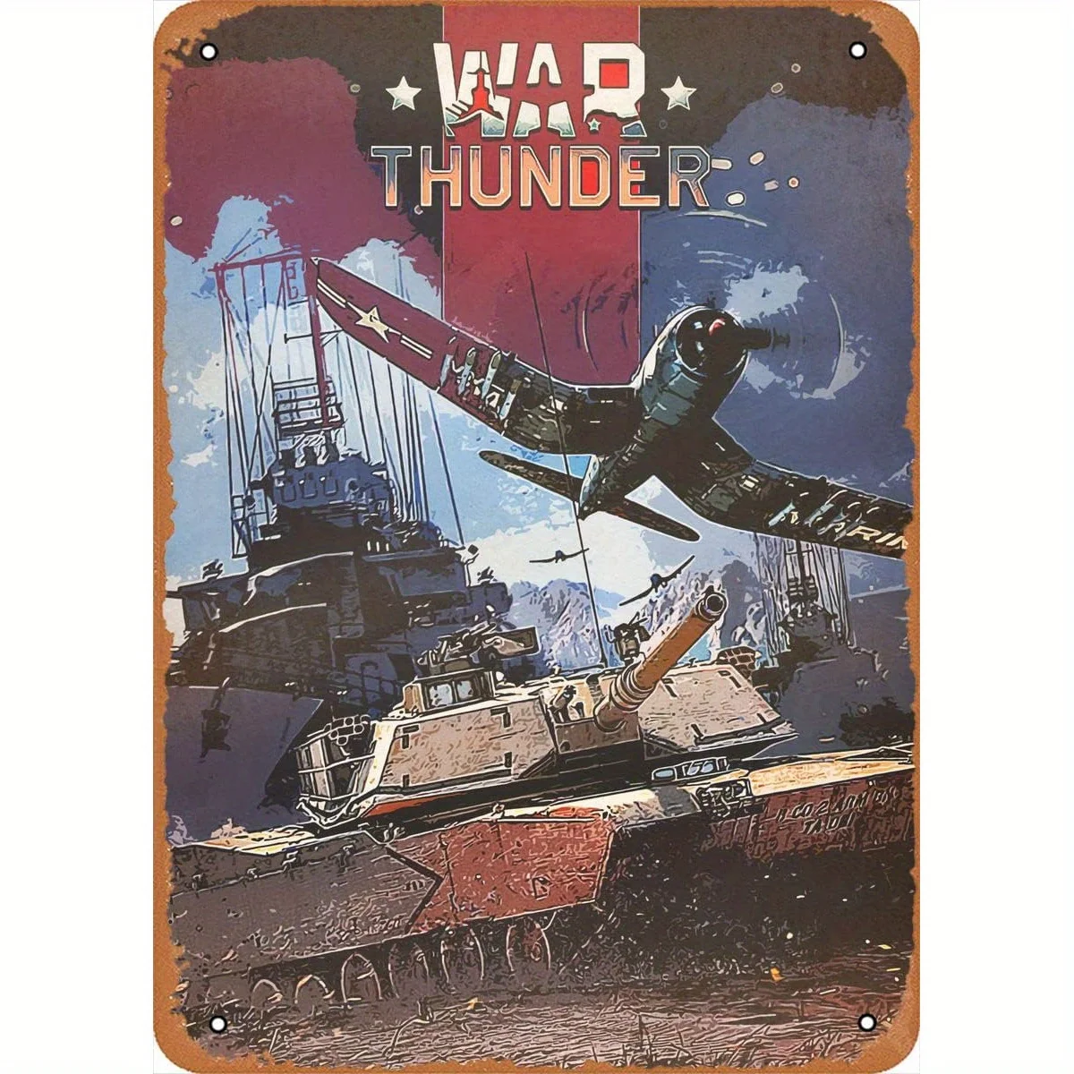 Vintage War Thunder WWII Metal Tin Sign -  Retro Arcade Video Game Wall Art with Fighter Plane & Tank Battle Scene, Durable Iron