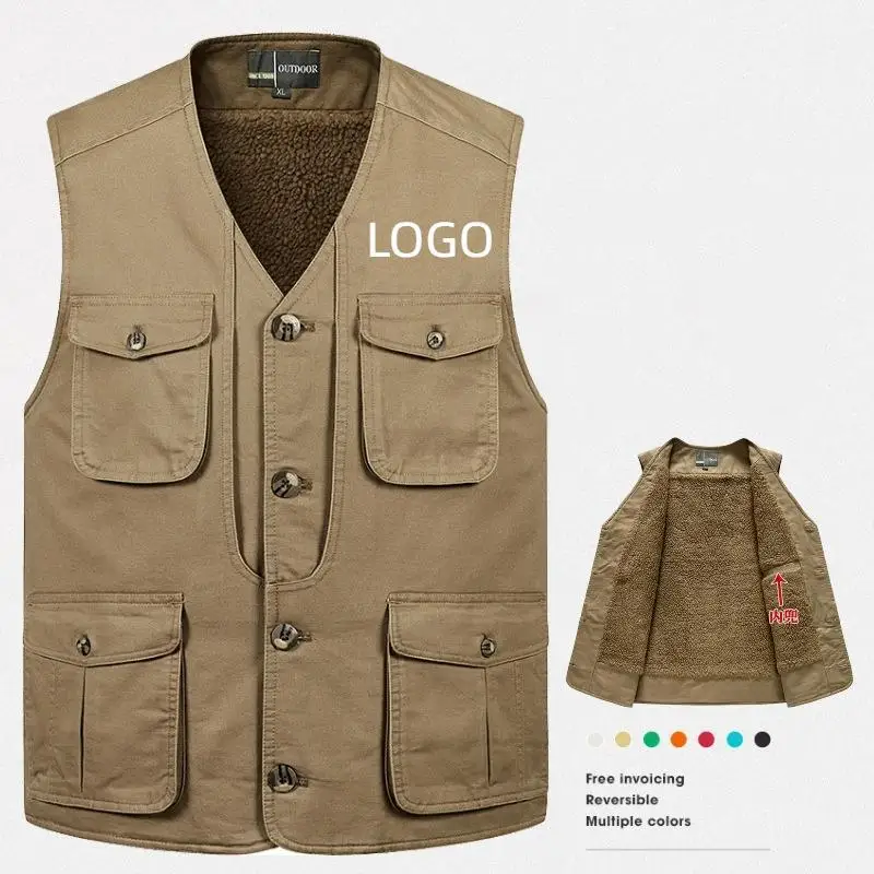 Thickened Lamb Wool And Plush Warm Vest With Multiple Pockets Men Pure Cotton Vest Workwear Outdoor Group Clothing Printed Logo