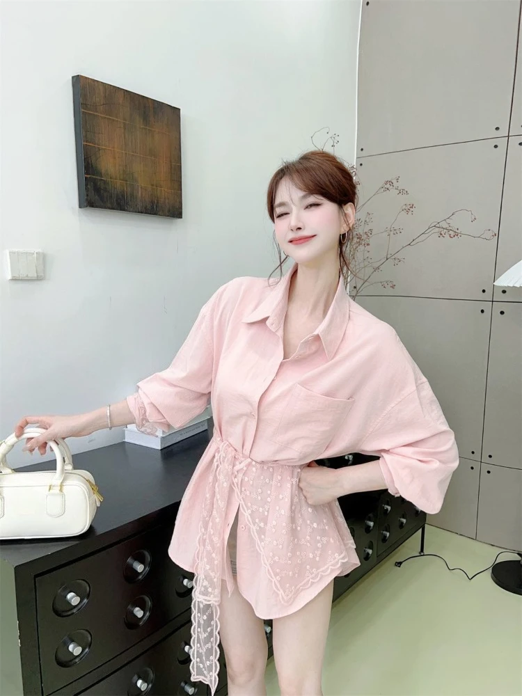 

2026 Spring New Arrival Fashionable Lace Shawl Long Sleeve Shirt Women's Versatile Mid Length Layering Outerwear