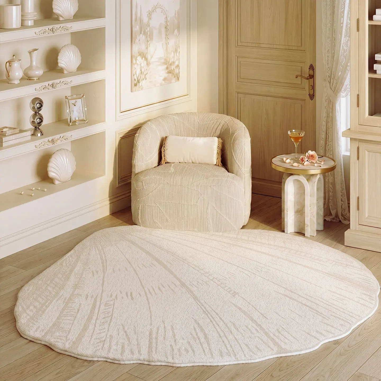 French Retro Irregular Shaped Carpet for Living Room Fluffy Décor Rug Light Luxury Household Bedroom Dressing Washable Floor Mat