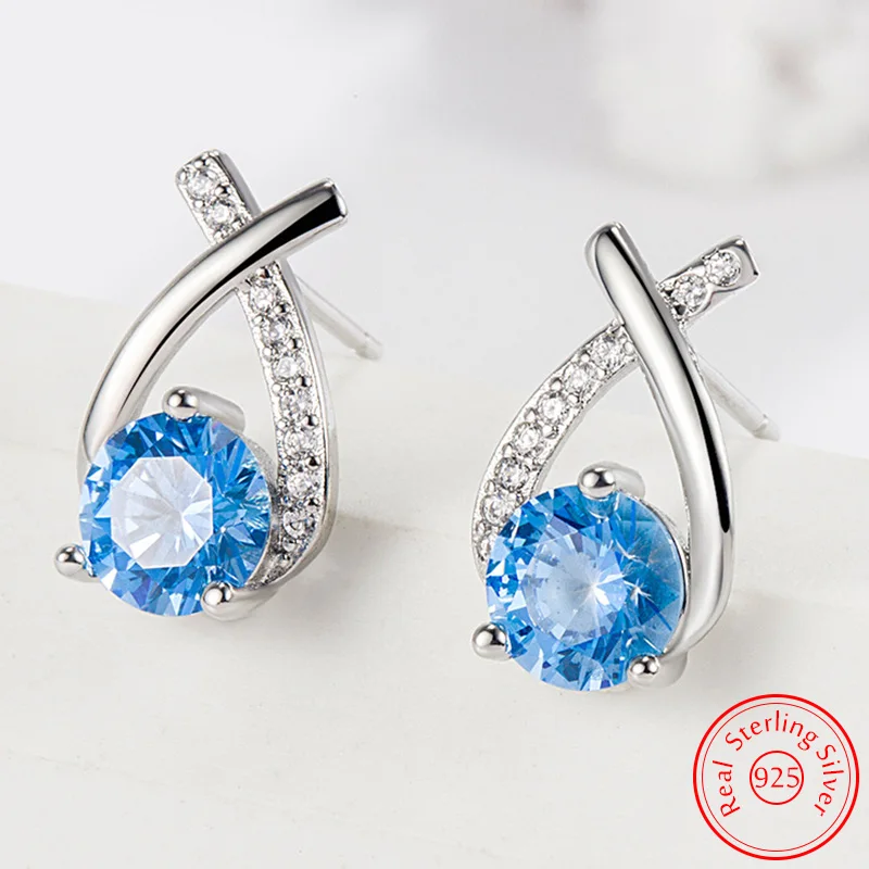 

Real 925 Sterling Silver Jewelry New Cross Crystal Zircon Stud Earrings For Women Fashion XY0521