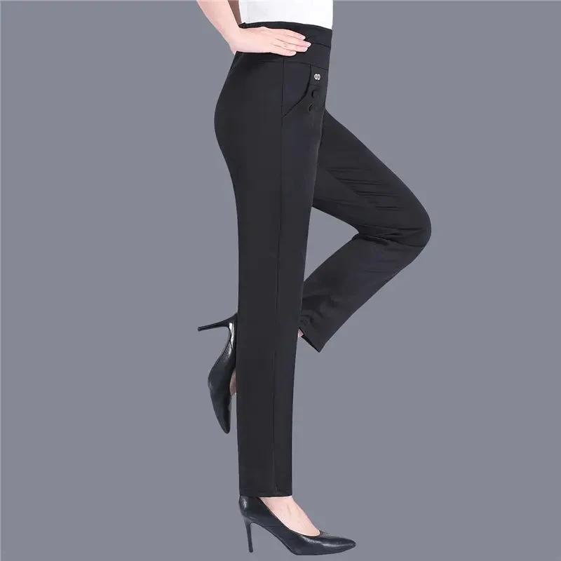 Plus Size Casual Women Elastic Basics Pencil Pants Straight Trousers OL Candy Colors High Waist Ankle-Length Pants Middle-aged