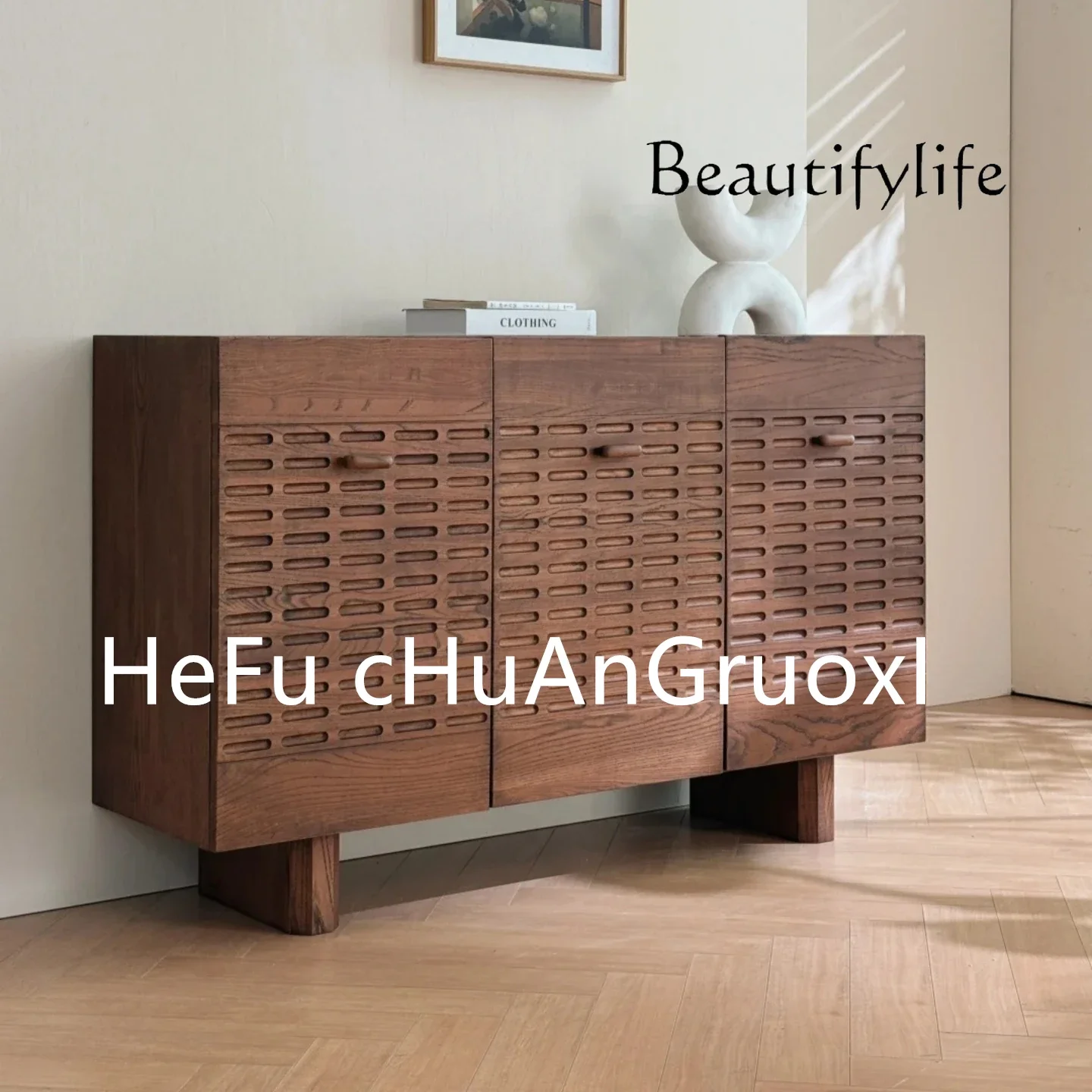 

X Medieval Style Solid Wood Dining Side Cabinet, Living Room Home Retro Style Art Locker, Carved Wall Storage Cabinet