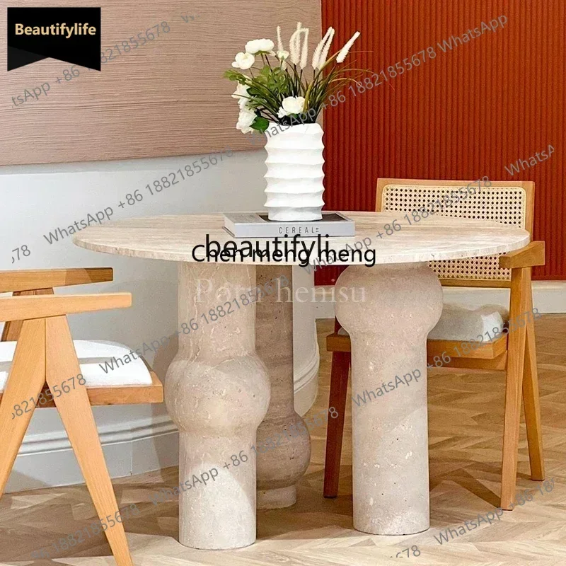 

Y183French minimalist designer medieval natural Roman travertine dining table villa household round table