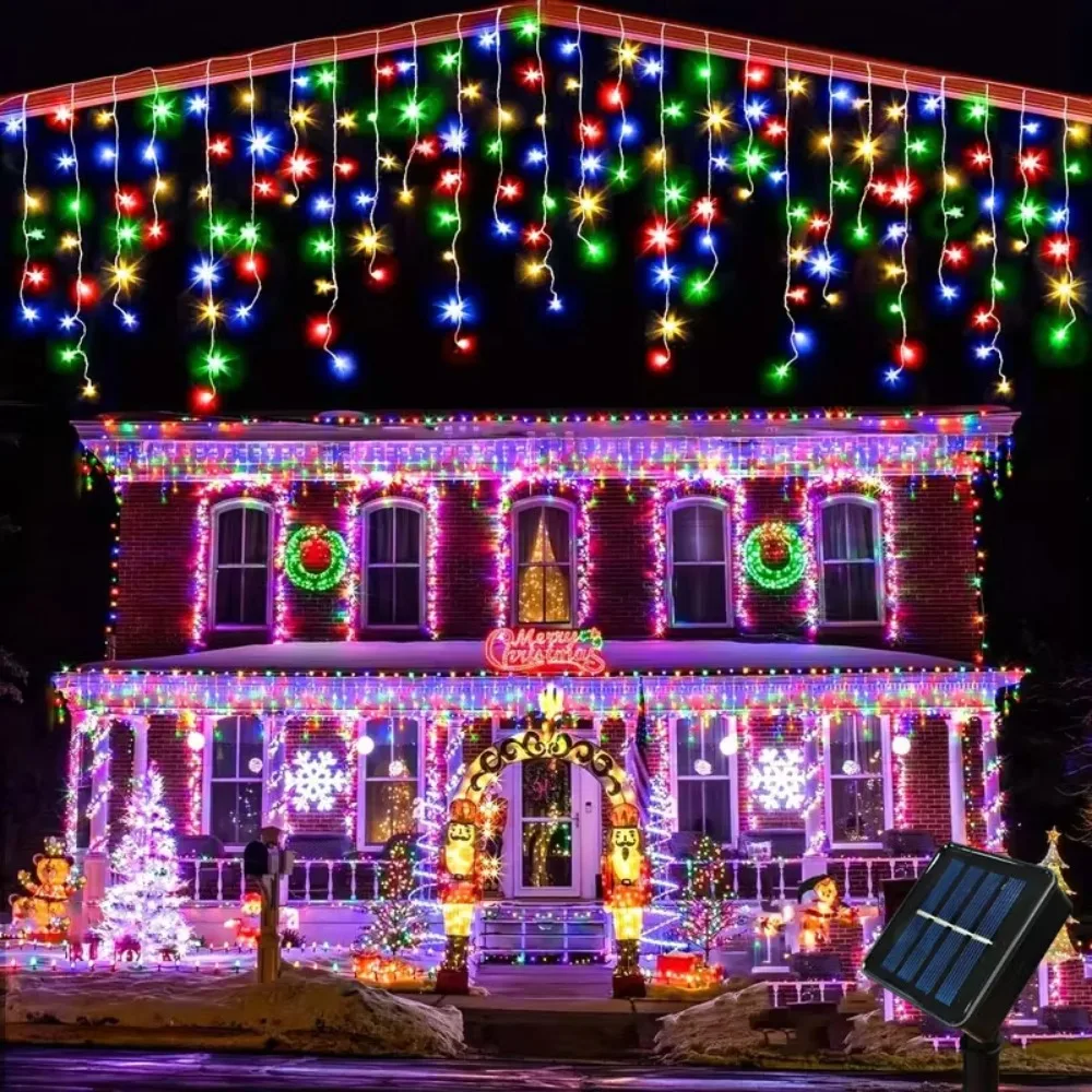 Solar Curtain Icicle Lights 3.5M Multicolor for Eaves Outdoor Christmas Window Festive Garden House Stair Wedding Balcony Decor